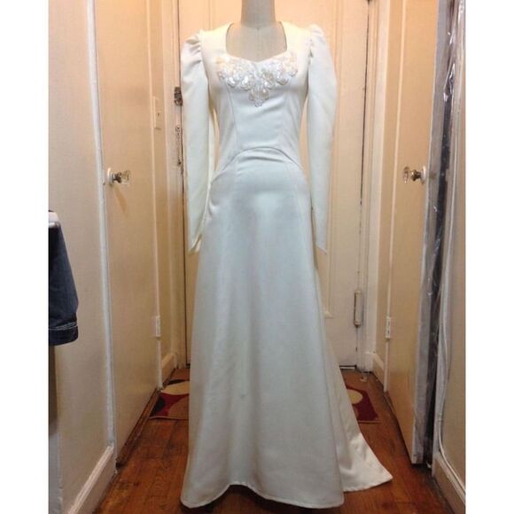 Handmade One of a kind White Satin Vintage Style Maxi Wedding Dress XS Bridal - Picture 2 of 8